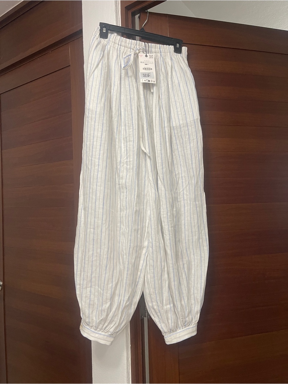 Zara Harem White and Light Blue Striped Drawstring Pants